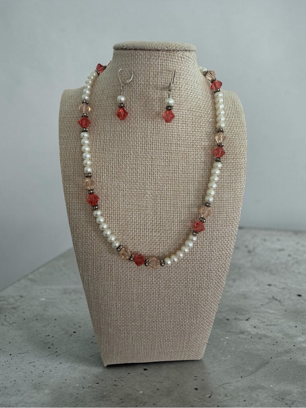 Pearl and Cranberry Bead Necklace with Matching Earrings